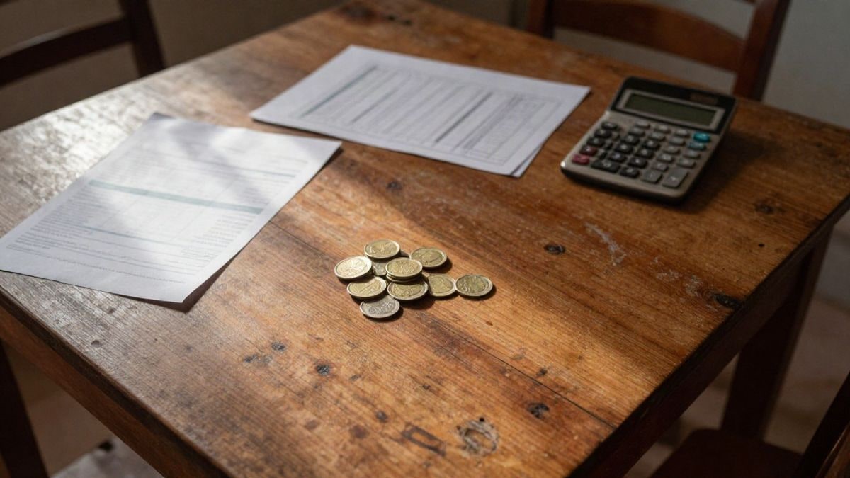 Illustrative image: wooden table viewed from above with euro coins, a calculator, and a printed report