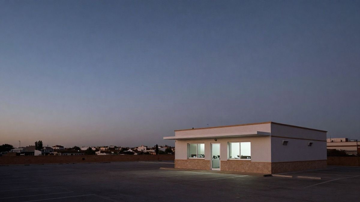 Imagen ilustrativa: un edificio de oficinas pequeñas al atardecer con una ventana iluminada y un gran espacio vacío alrededor