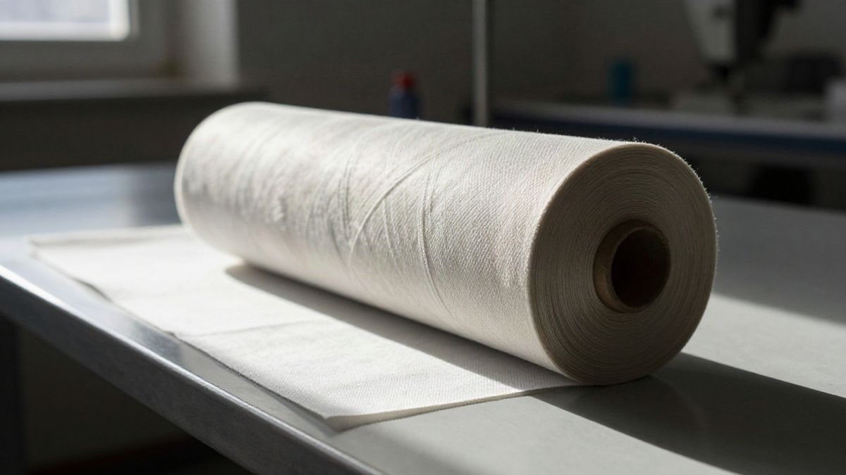 Illustrative image: roll of elastic knitted fabric on a metal table in a textile workshop