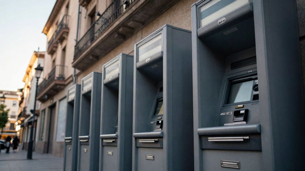 Imagen ilustrativa: cajeros automáticos en una calle urbana vistos desde un ángulo bajo con luz de tarde