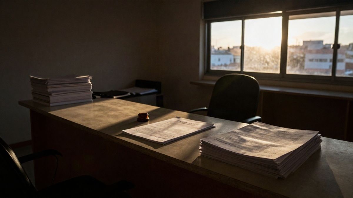 Imagen ilustrativa: oficina de administración pública vacía al atardecer con formularios y un sello sobre el mostrador