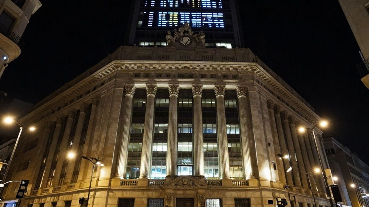 Illustrative image: illuminated stock exchange building at night in a financial district