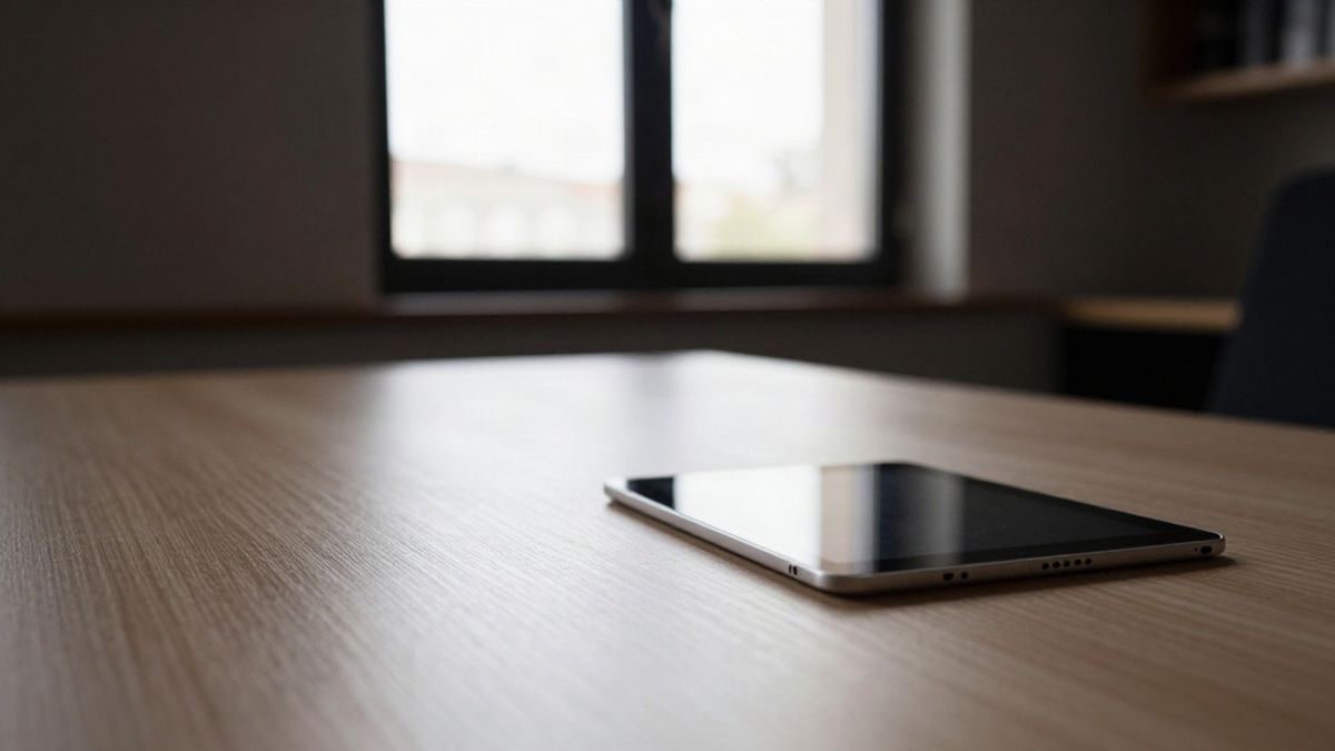 Illustrative image: a small tablet on a light wooden table, with ample empty space around and natural morning light