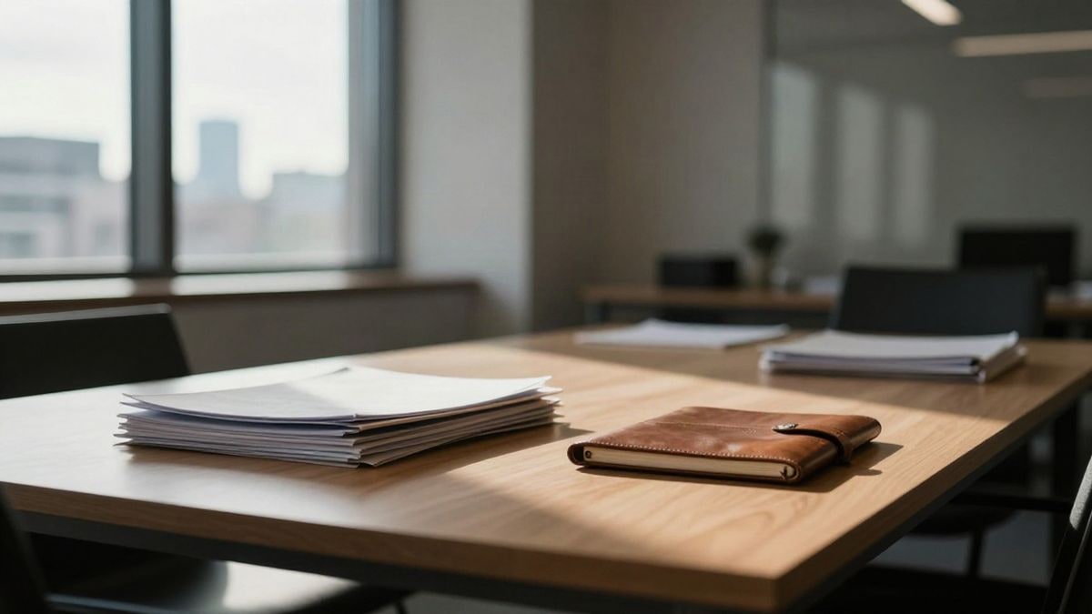 Illustrative image: wooden table with folders and a notebook next to a window with side light