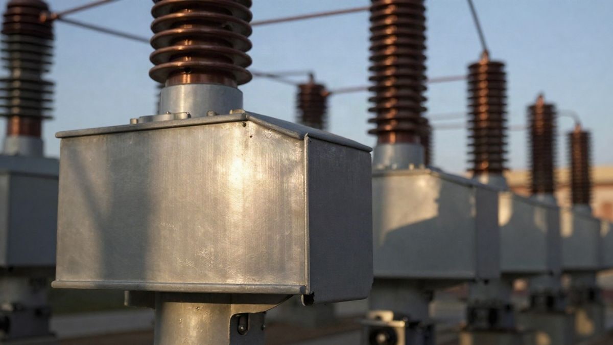 Imagen ilustrativa: detalle de metal oxidado de una subestación eléctrica al atardecer