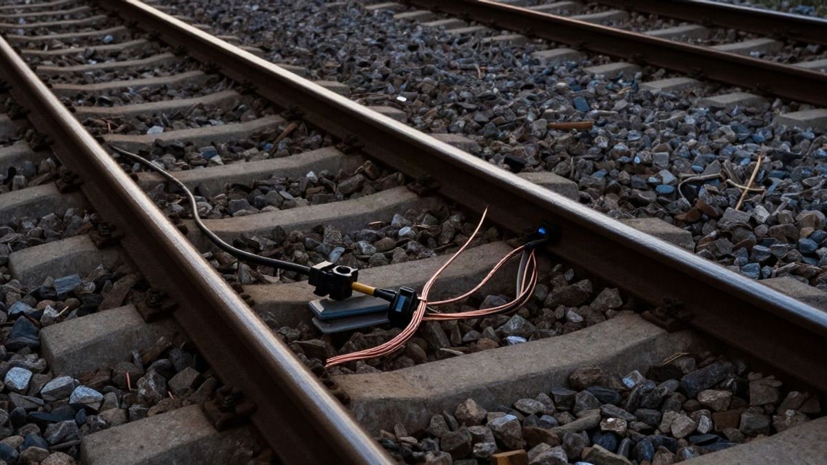 Illustrative image: train tracks viewed from above over ballast, with signalling cables next to the sleepers at sunset