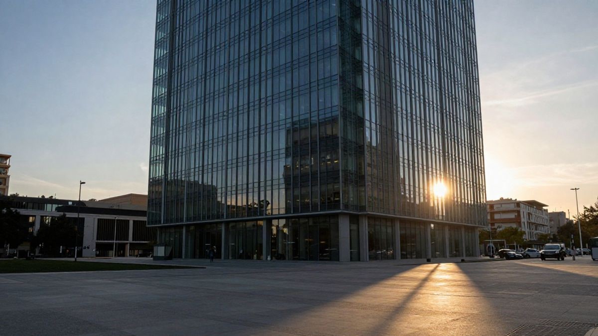 Imagen ilustrativa: torre de oficinas de cristal al atardecer, a contraluz, con sombras largas sobre una plaza vacía
