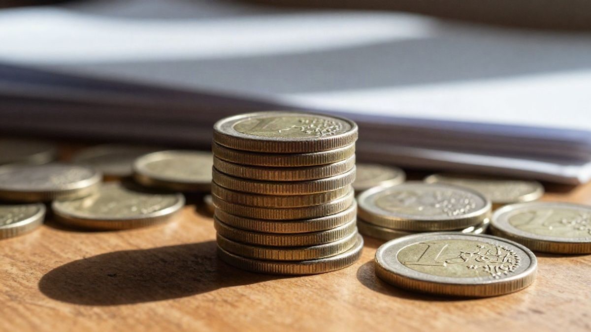 Illustrative image: stack of euro coins on a wooden table, with blurred documents in the background