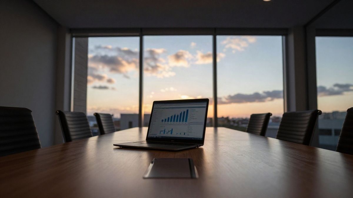 Imagen ilustrativa: ángulo bajo de una sala de juntas moderna con un portátil y gráficos financieros sobre la mesa, luz de atardecer al fondo