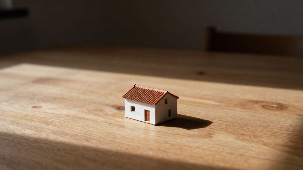 Imagen ilustrativa: maqueta de una casa con tejado de teja sobre una mesa de madera, con mucho espacio libre alrededor