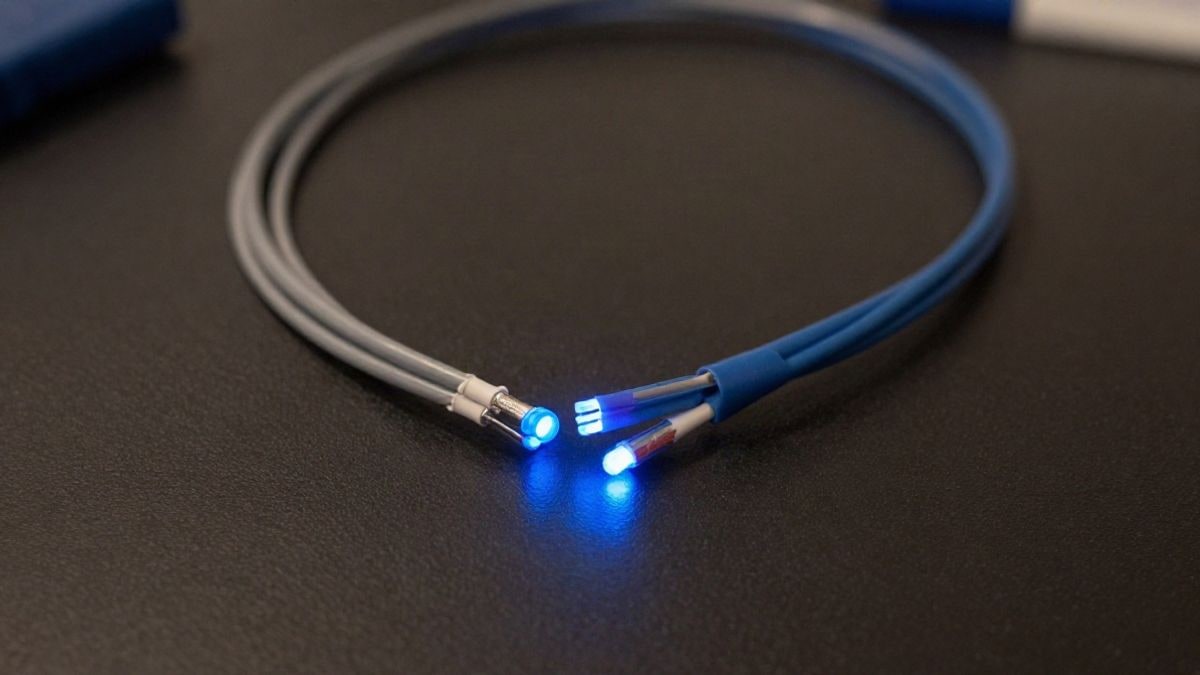 Imagen ilustrativa: cables de fibra óptica vistos desde arriba sobre una superficie oscura, con destellos de luz azul
