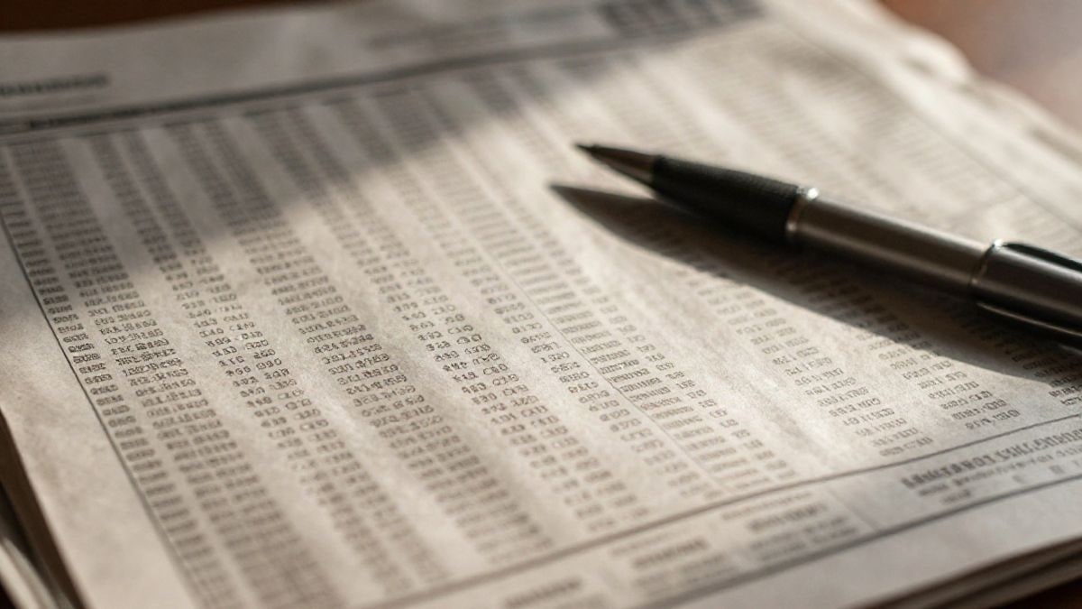 Imagen ilustrativa: primer plano de un periódico financiero con tablas de cotizaciones y un bolígrafo sobre la mesa