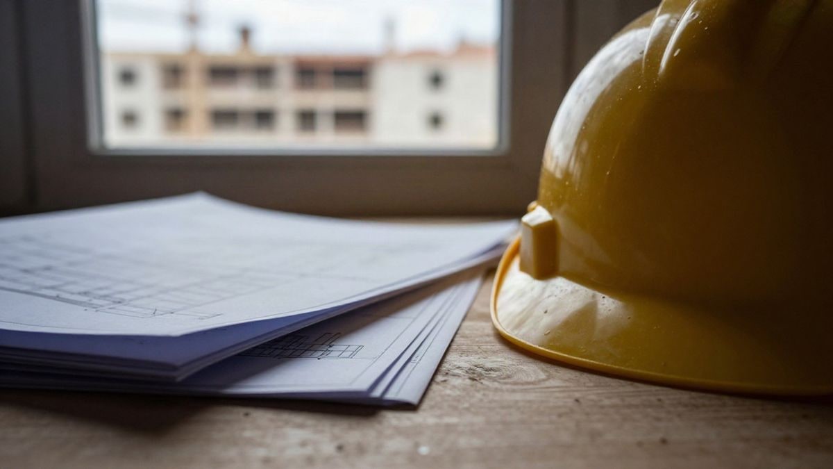 Imagen ilustrativa: planos de construcción y casco de obra sobre una mesa junto a una ventana