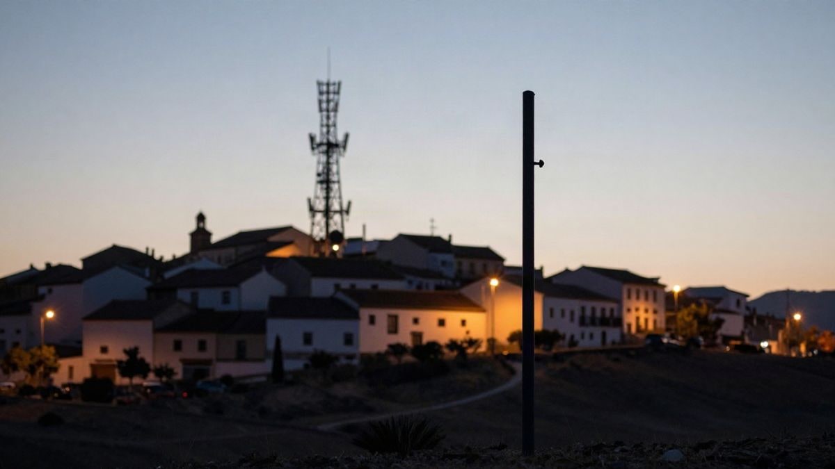 Illustrative image: illuminated telecommunications tower at night next to the lights of a small village