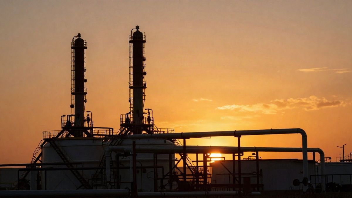 Imagen ilustrativa: instalaciones de almacenamiento de gas y tuberías en silueta al atardecer