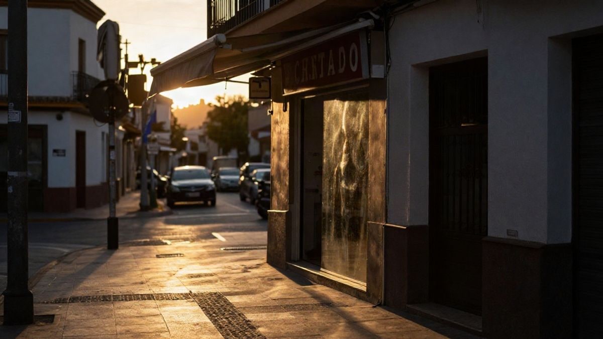 Imagen ilustrativa: fachada de un pequeño comercio a contraluz al atardecer con sombras largas