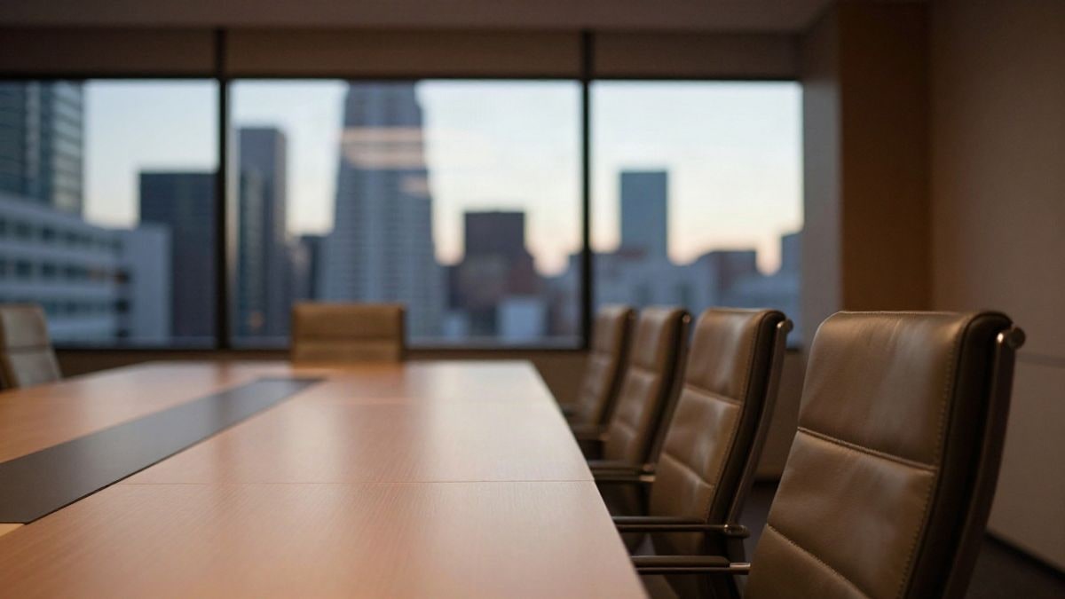 Imagen ilustrativa: sala de consejo vacía con mesa larga y sillas de cuero, luz cálida al atardecer