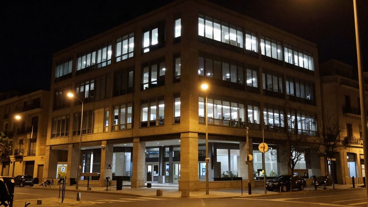 Imagen ilustrativa: edificio de oficinas moderno iluminado de noche en una zona empresarial