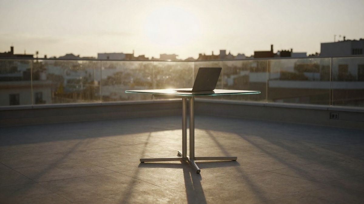 Imagen ilustrativa: una terraza moderna al atardecer con sombras largas y una mesa de cristal vacía