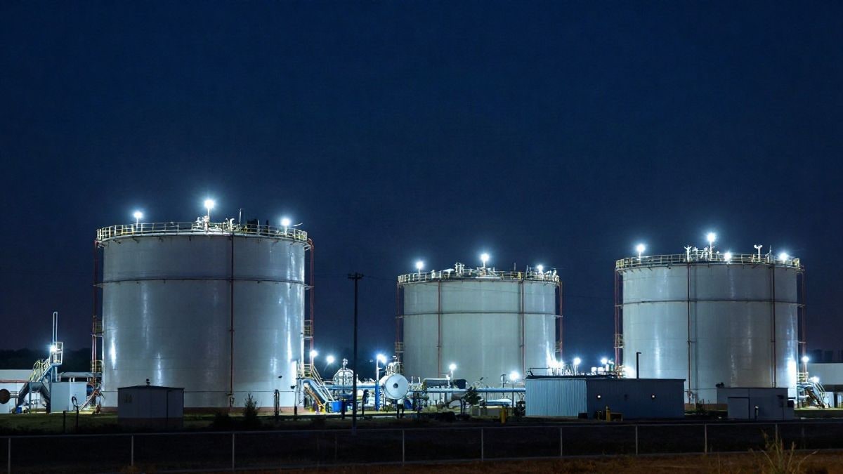 Imagen ilustrativa: instalación industrial de almacenamiento de gas iluminada por focos durante la noche