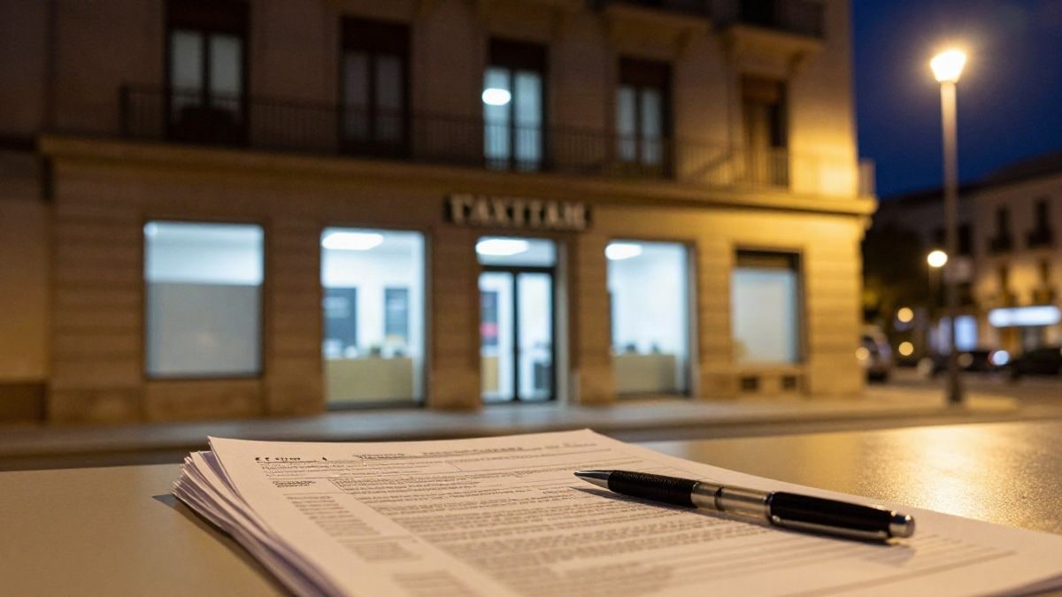 Illustrative image: illuminated administrative building at night with tax documents on a table