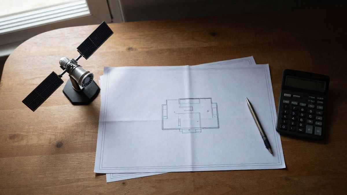 Imagen ilustrativa: vista cenital de una mesa de trabajo con una maqueta de satélite, planos y una calculadora.