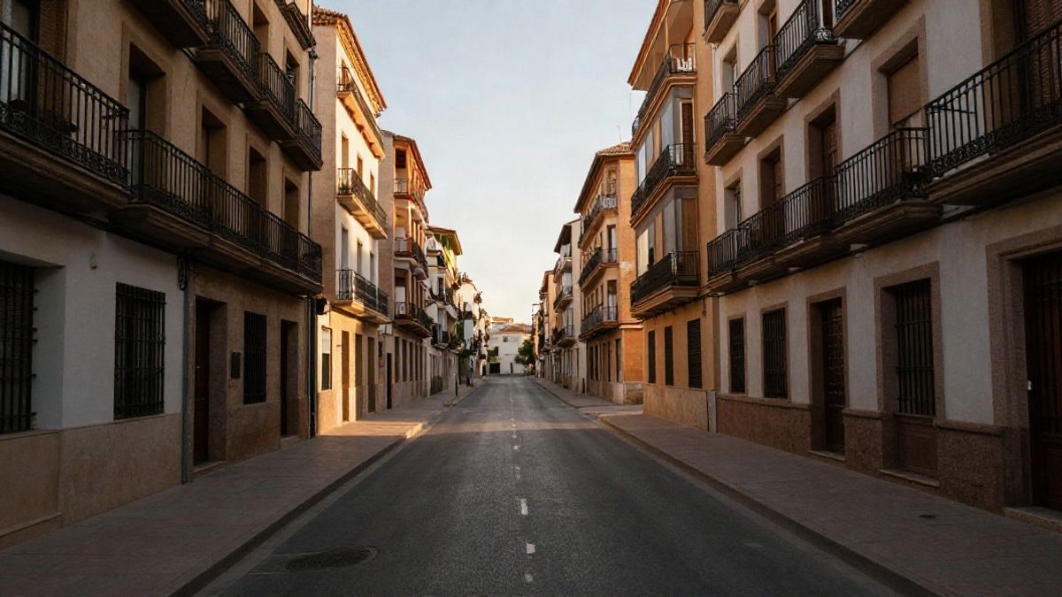 Imagen ilustrativa: calle residencial en gran angular con edificios de balcones alineados al atardecer