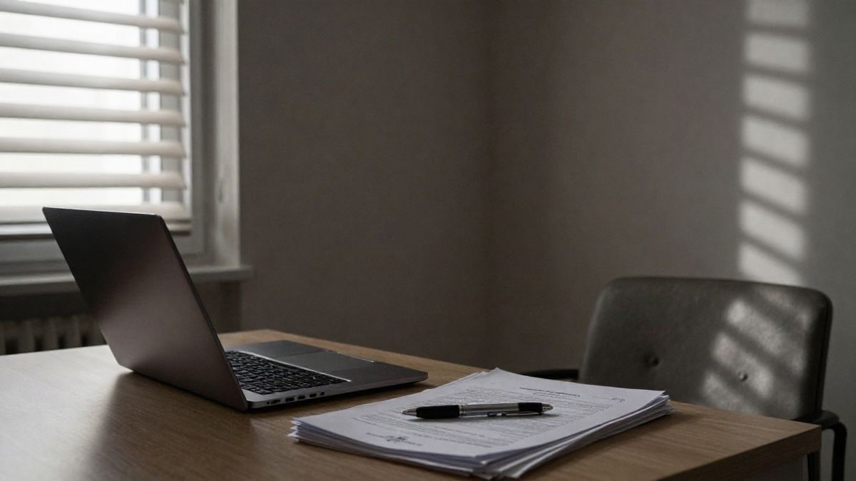 Illustrative image: desk with documentation and computer next to a window