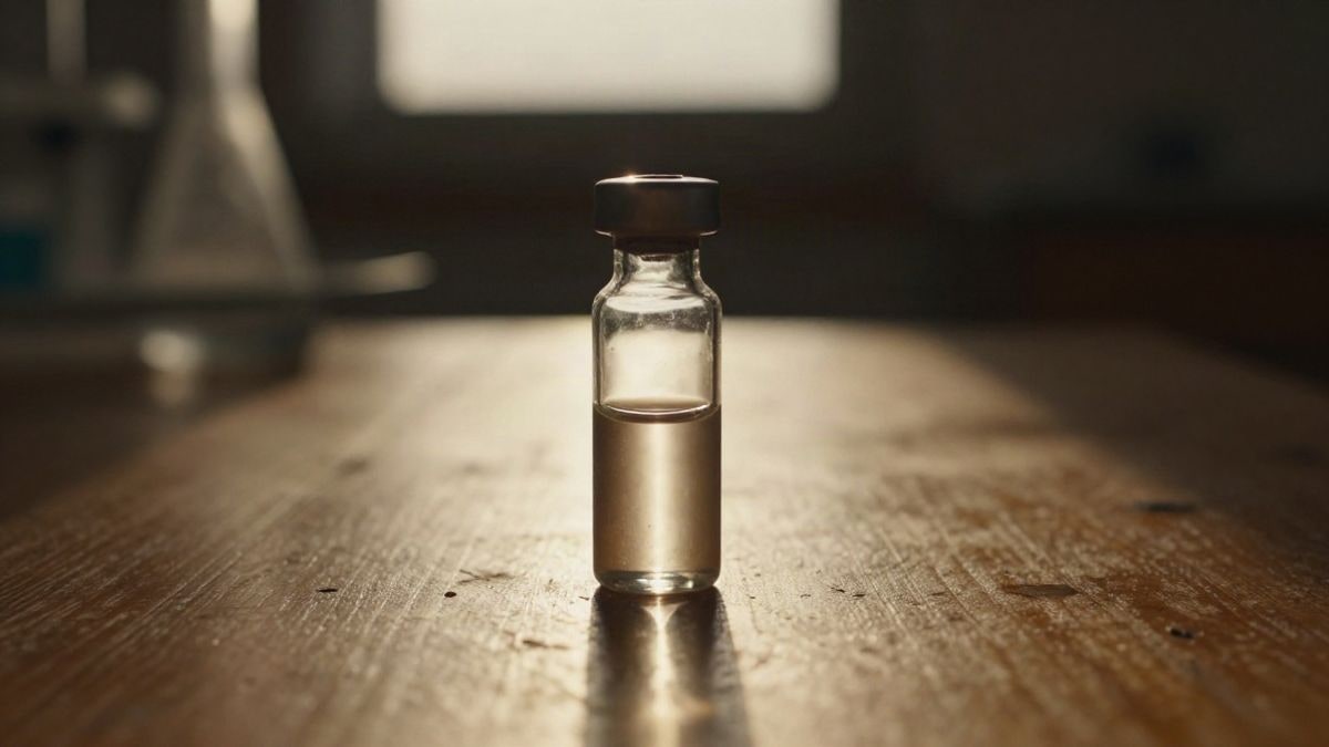 Illustrative image: a laboratory glass vial on a wooden table at sunset, with long shadows.