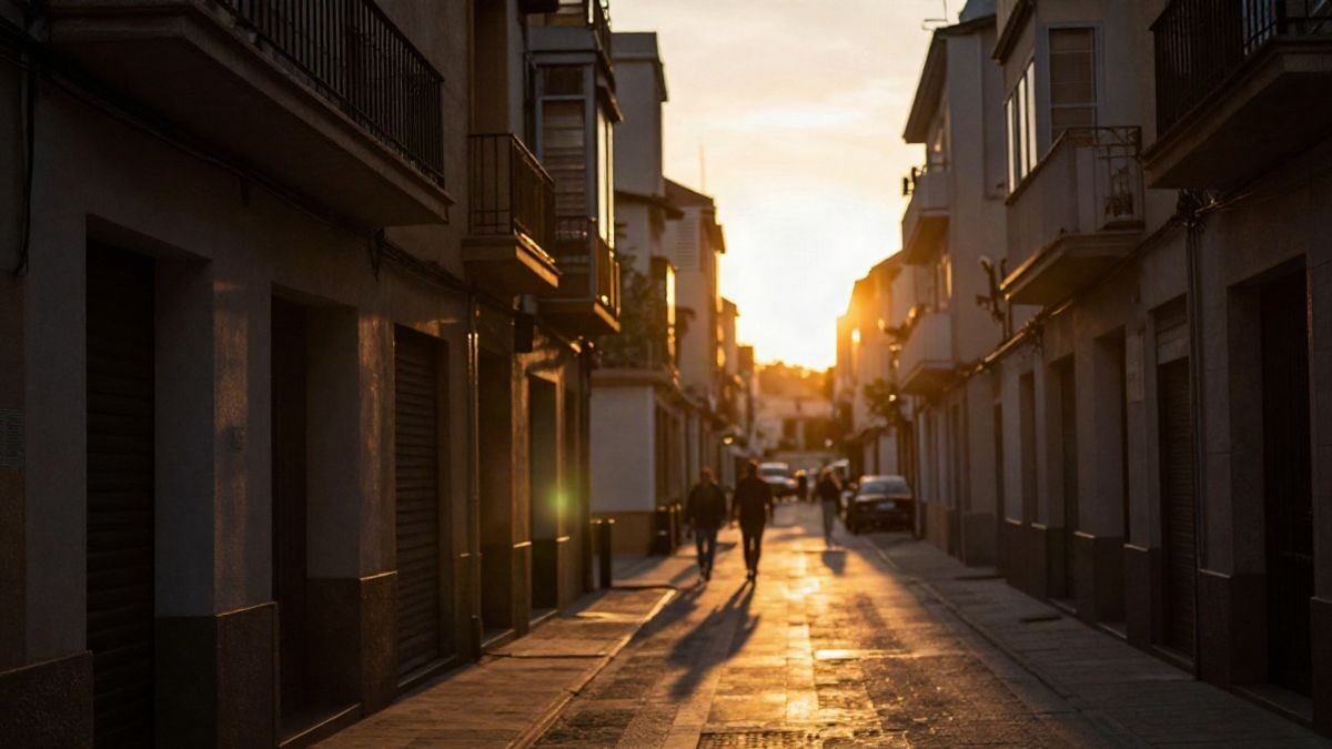 Illustrative image: facade of a generic residential building backlit at sunset with long shadows on the street
