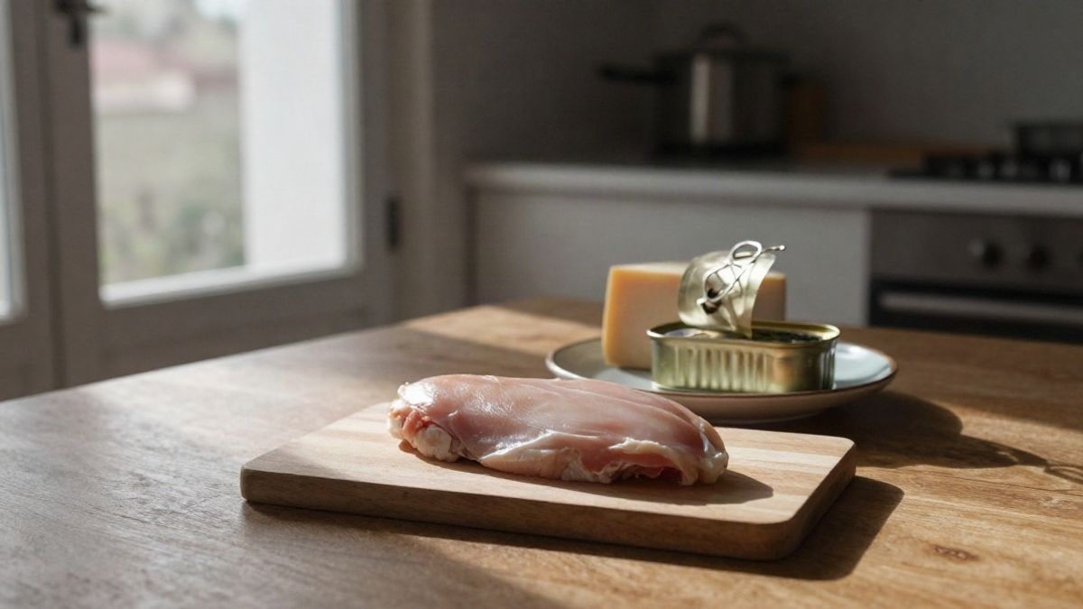 Imagen ilustrativa: mesa de cocina de madera junto a una ventana, con pechuga de pollo, una lata de atún y un trozo de queso bajo luz natural lateral