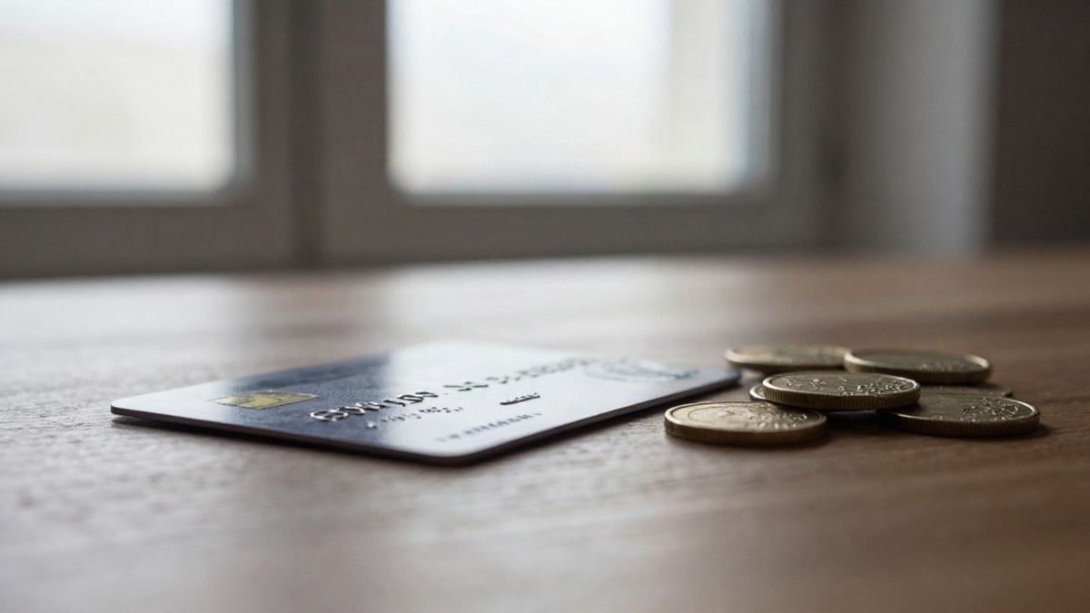Imagen ilustrativa: una tarjeta bancaria cerrada sobre un montón de monedas de euro en una mesa de madera