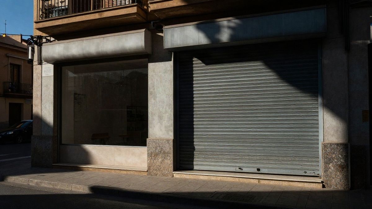 Imagen ilustrativa: un local comercial vacío con persiana metálica cerrada, visto desde un ángulo bajo contra el cielo