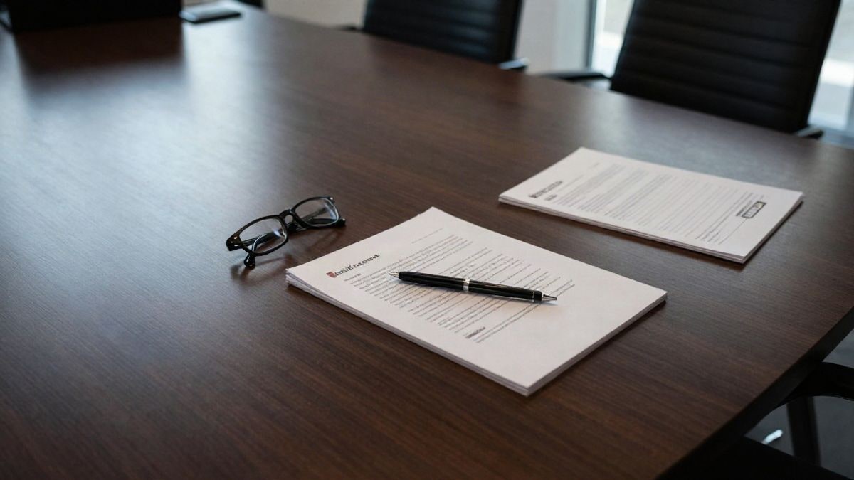 Imagen ilustrativa: vista cenital de una mesa de reuniones con documentos y gafas, sin personas