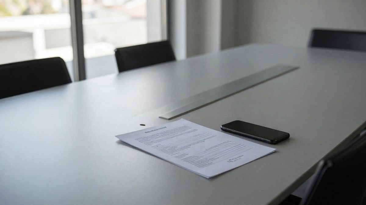 Illustrative image: overhead view of a corporate meeting table with documents and a mobile phone