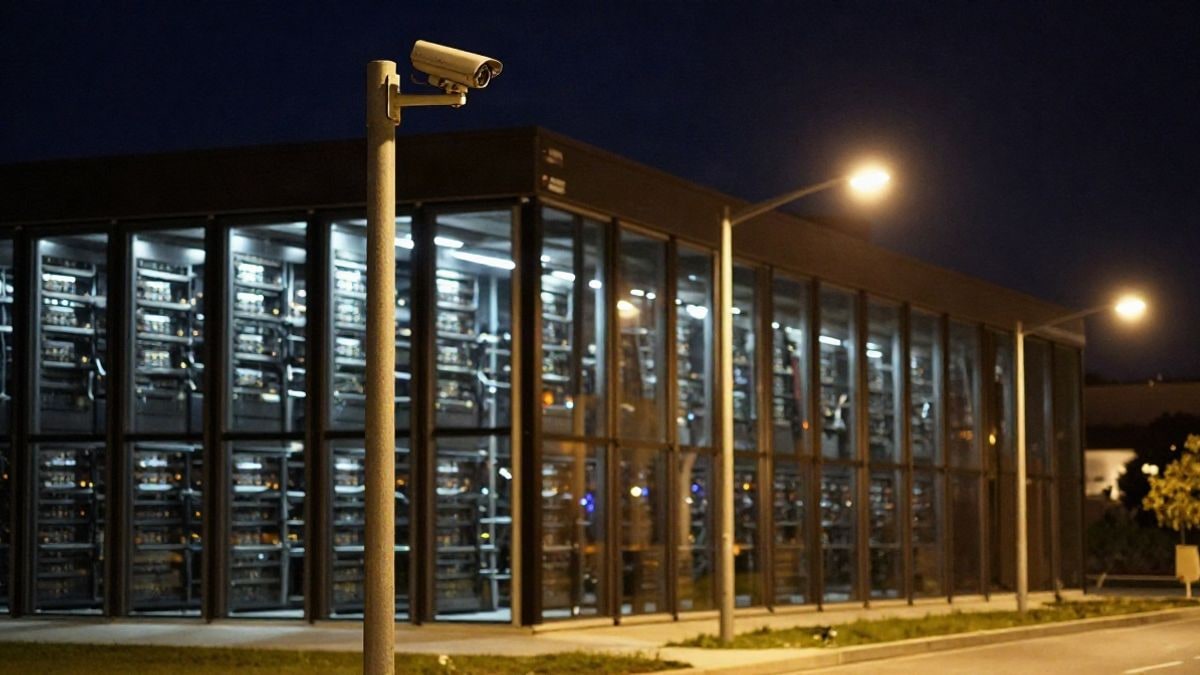 Imagen ilustrativa: edificio de centros de datos iluminado de noche con farolas y una cámara de seguridad en primer plano