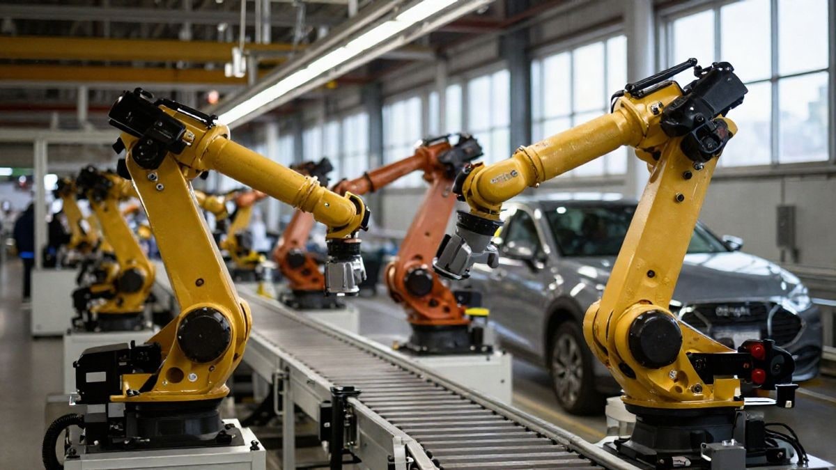 Imagen ilustrativa: línea de montaje de automóviles en una fábrica con brazos robóticos y luz natural