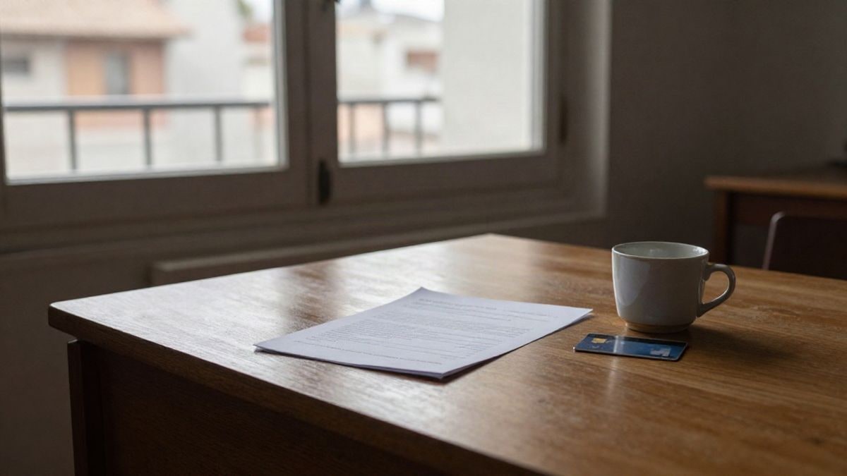 Illustrative image: wooden desk by a window, with side light on a mobile phone face down and a bank card