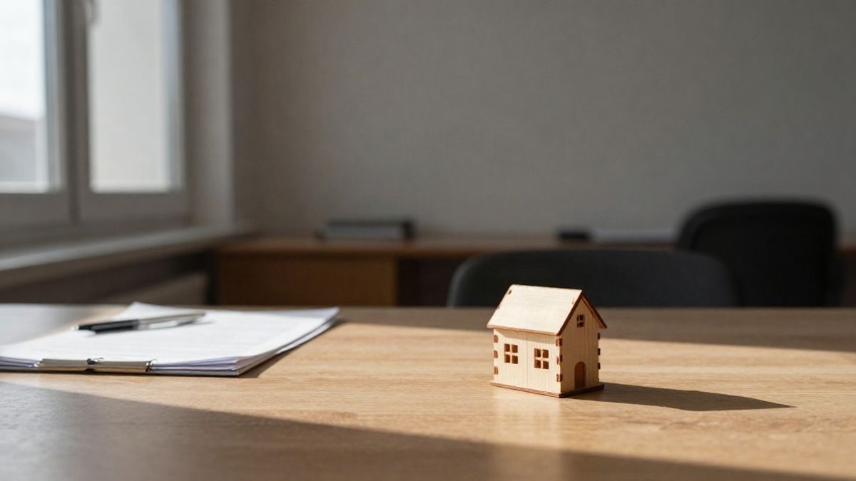 Imagen ilustrativa: maqueta de una casa sobre una mesa de madera con un documento doblado, iluminada por la luz de la tarde