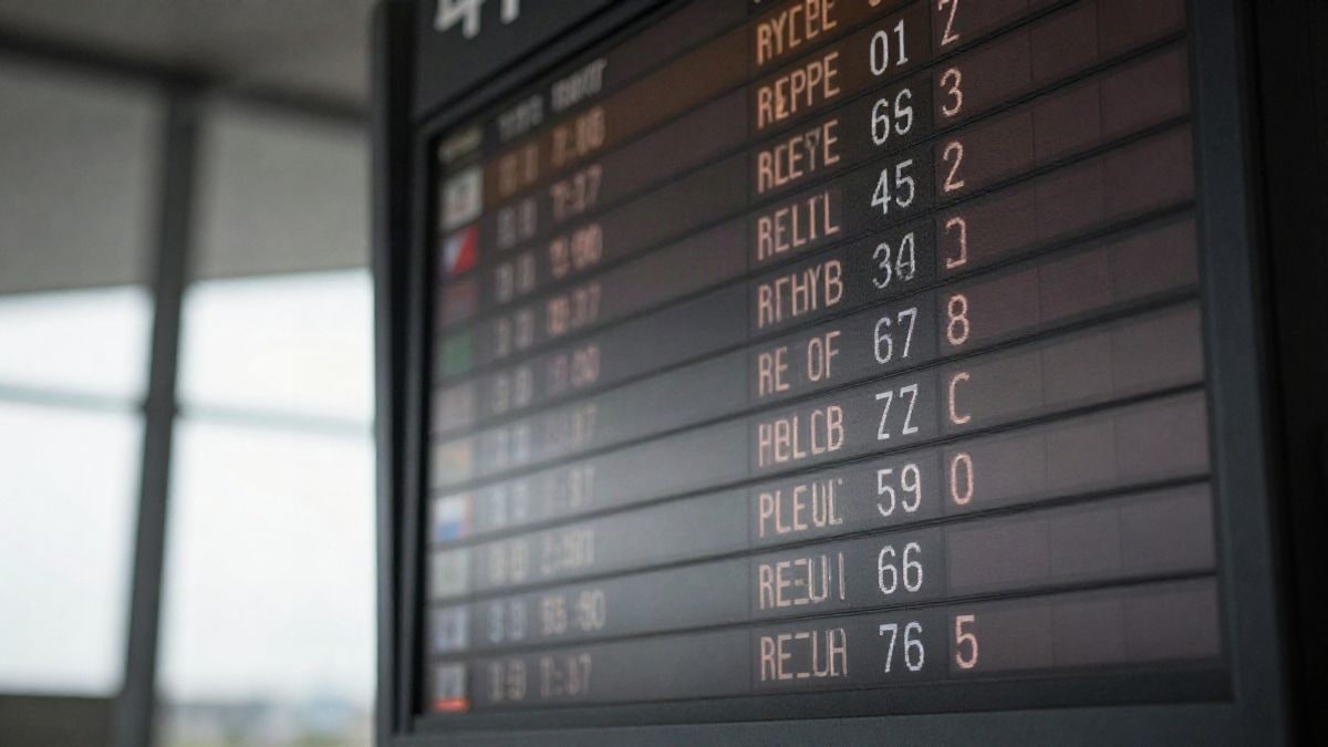 Imagen ilustrativa: primer plano de un panel de salidas de aeropuerto con códigos de vuelo desenfocados