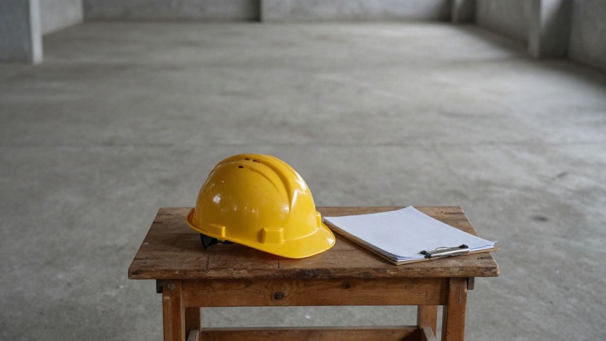 Imagen ilustrativa: casco de obra y carpeta sobre una mesa de madera en un espacio amplio y vacío.