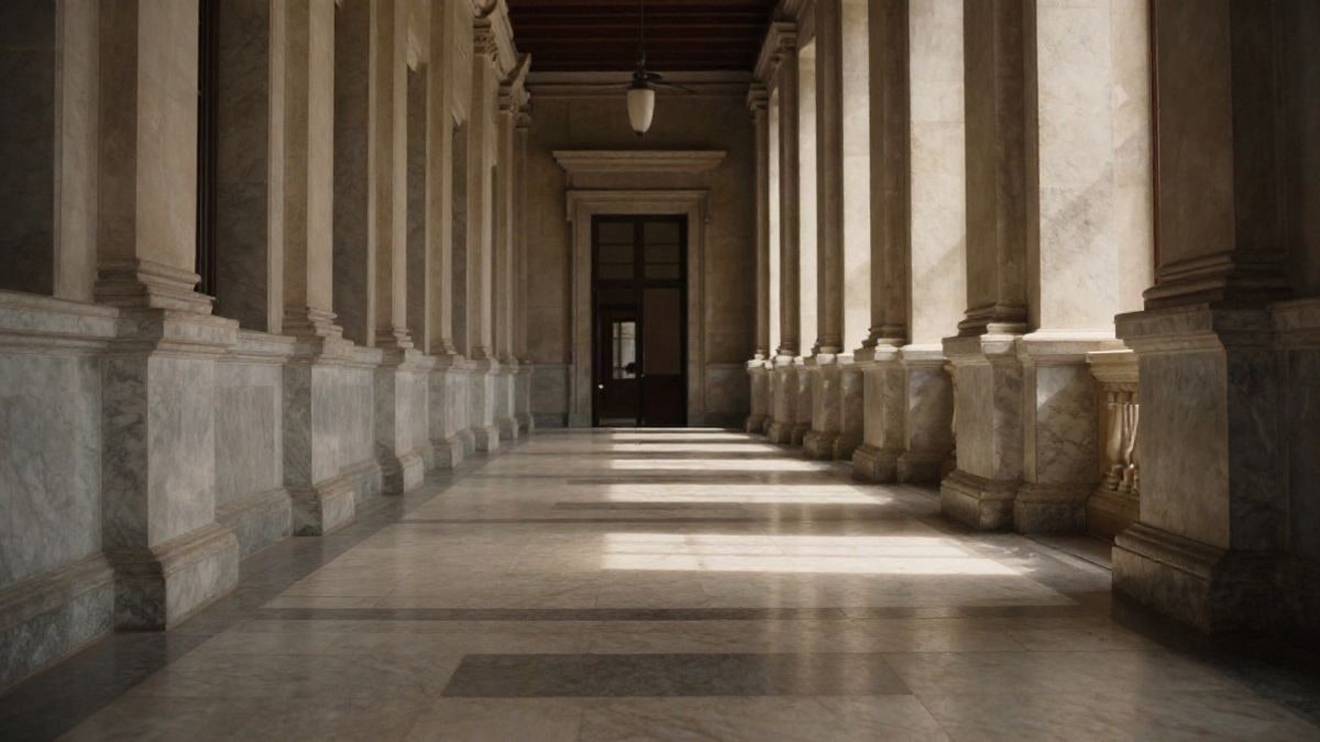 Illustrative image: a long marble corridor in an institutional building, with lines converging towards a door in the background