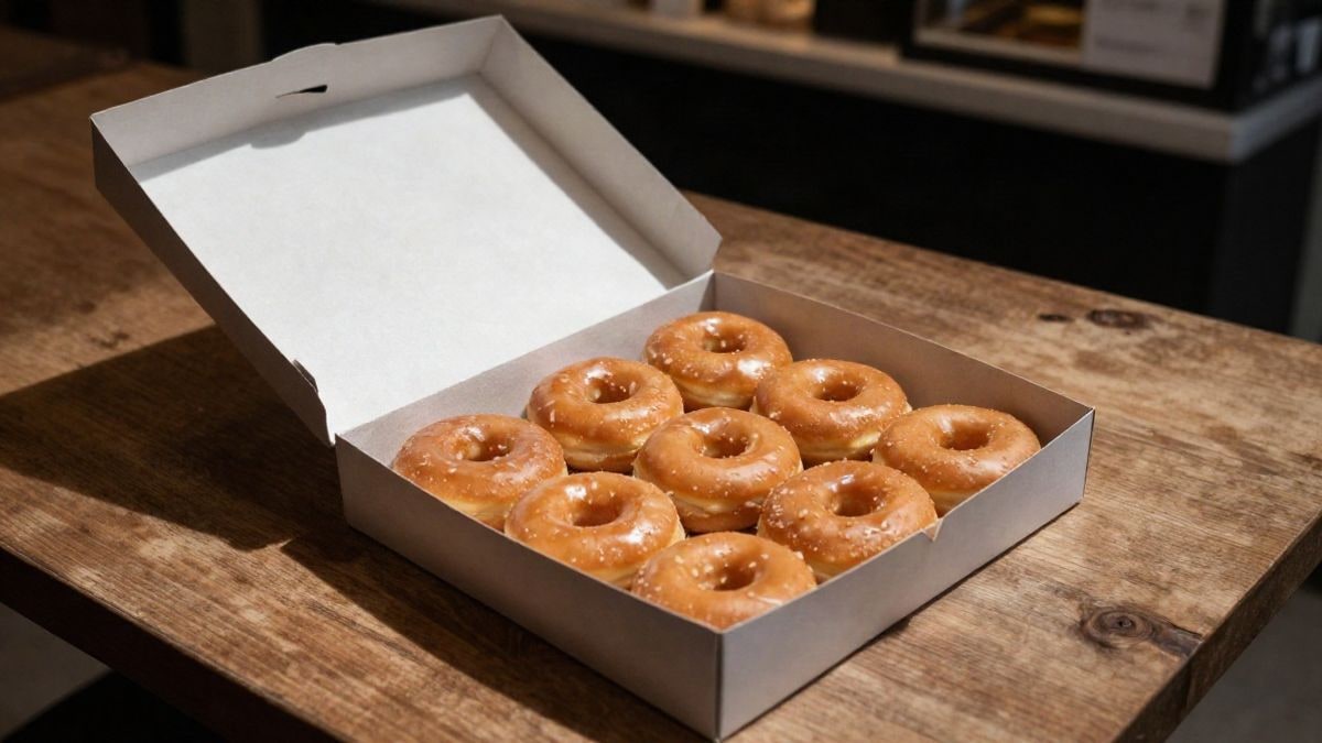 Illustrative image: a white box with a dozen glazed doughnuts viewed from above on a wooden table