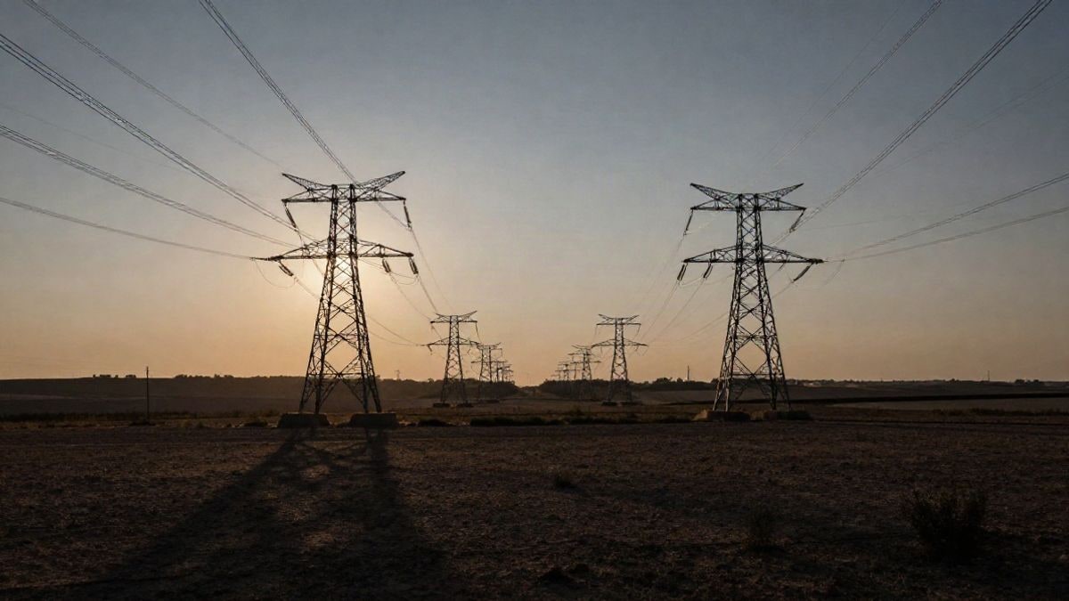 Illustrative image: high voltage towers converging in an open landscape at sunset