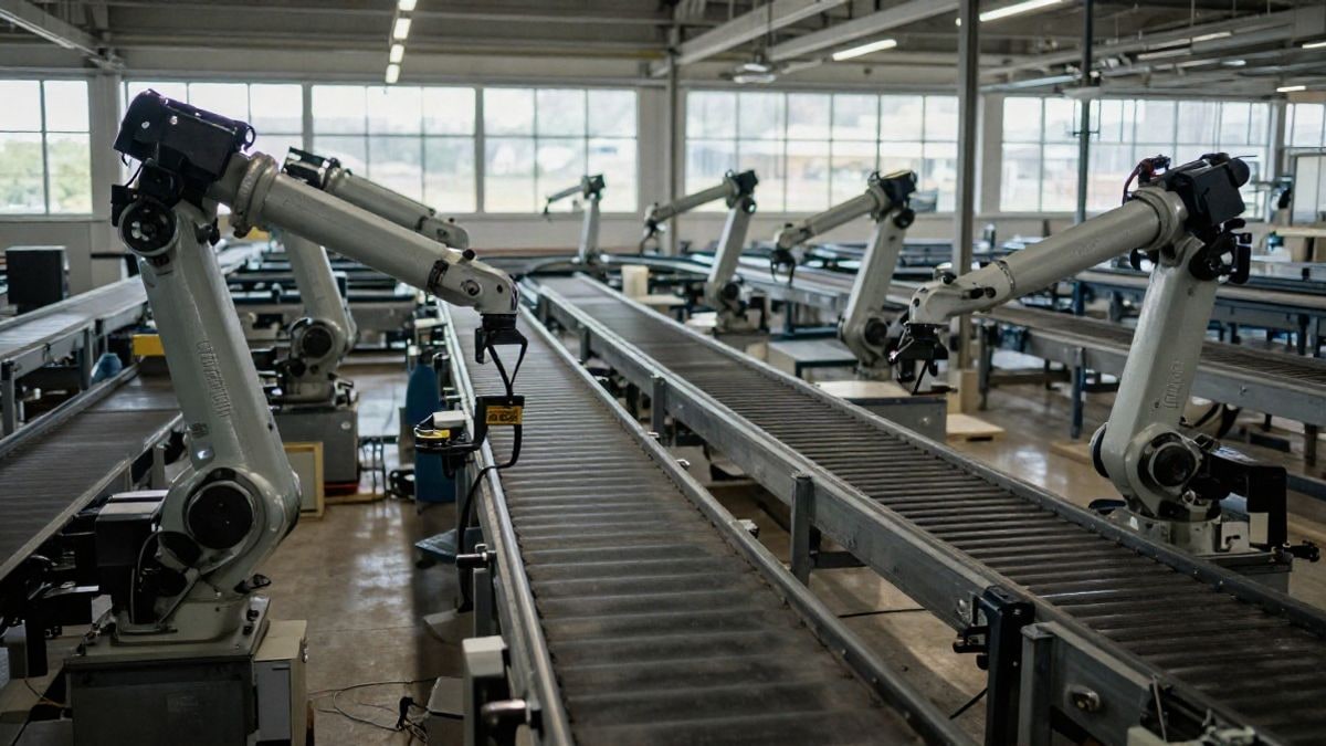Imagen ilustrativa: gran angular de una planta de automatización industrial con líneas convergentes de cintas transportadoras y brazos robóticos