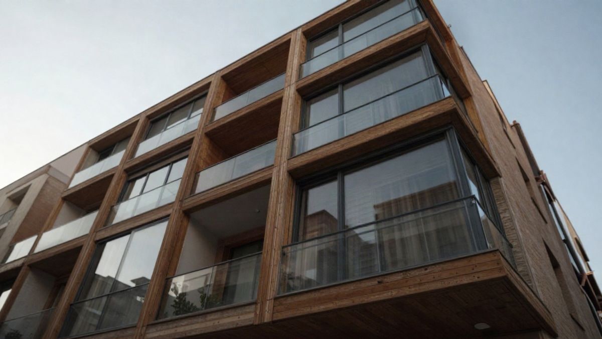 Imagen ilustrativa: fachada de un edificio residencial moderno con balcones de madera vista desde abajo y cielo abierto