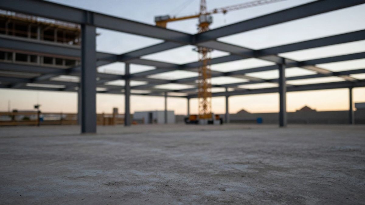 Illustrative image: industrial building under construction with steel beams and a blurred crane at sunset