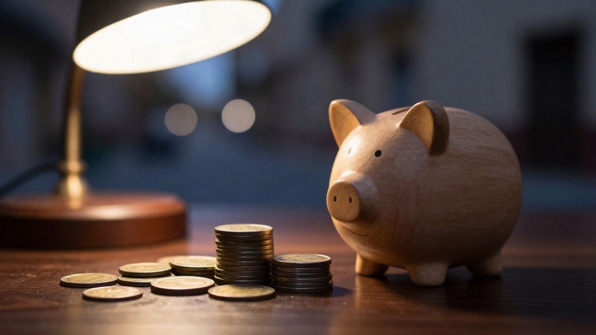 Imagen ilustrativa: monedas apiladas junto a una hucha de madera sobre una mesa iluminada por una lámpara cálida de noche
