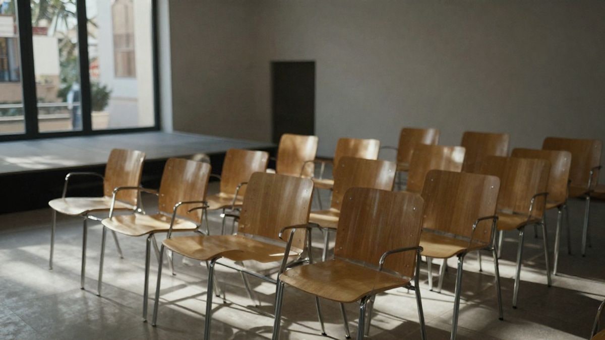 Imagen ilustrativa: sala de conferencias vacía con filas de sillas de madera y luz natural entrando por una ventana lateral