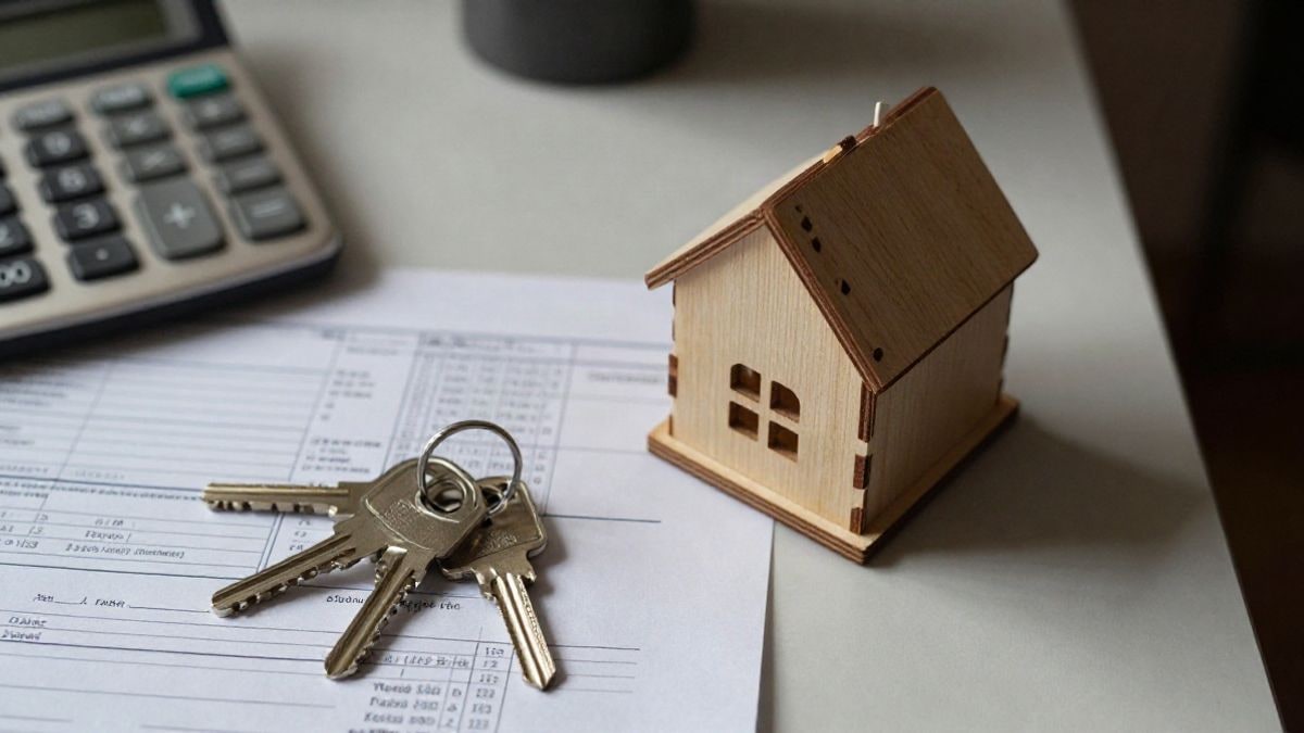 Illustrative image: keys and a model house on a table alongside documents and a calculator